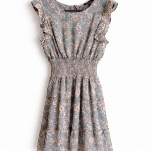 Trixxi Floral Smocked Waist Tiered Mini Dress Size L Blue Boho Flutter Sleeve